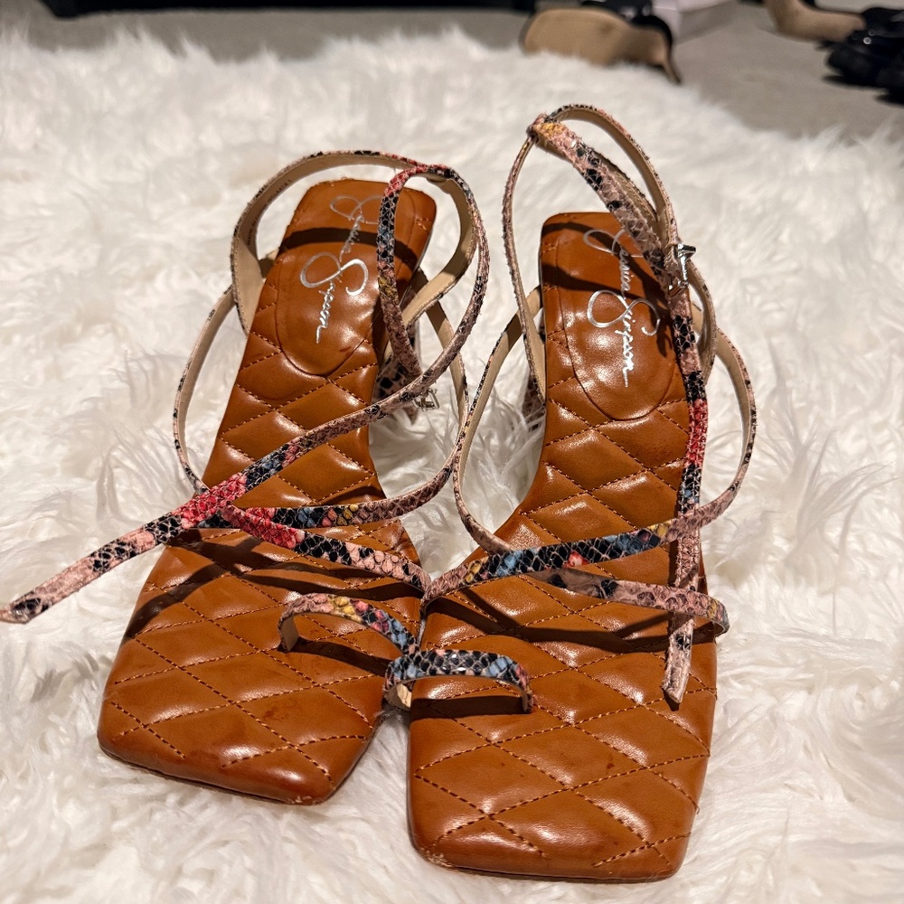 Jessica Simpson Snakeskin Strappy Block Heel Sandals Size 9.5 Square Toe